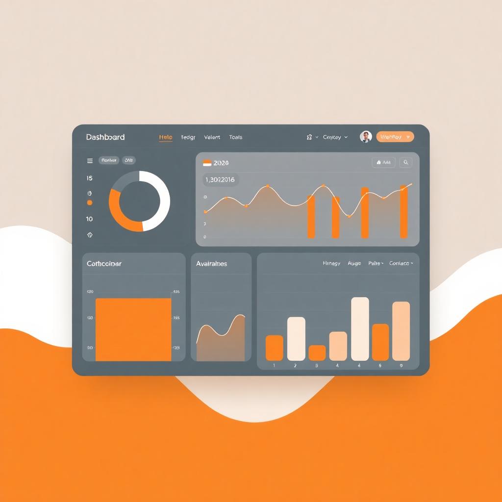 minimalist dashboard interface design, orange and white color scheme, data visualization, clean typography